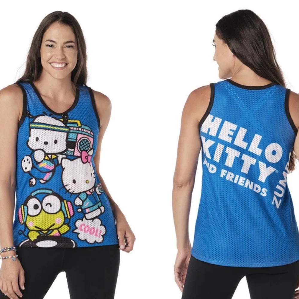 NWT  ZUMBA HELLO KITTY "Blue lightning" Mesh Top Size Xl